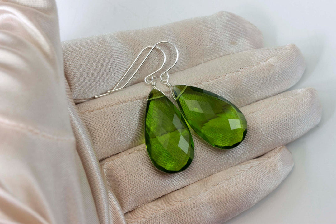 Peridot Green Earrings Sim Teardrop Large Dangle Quartz Drops Sterling Silver or 14k Solid Gold or Filled Faceted Pear Super Large Teardrops