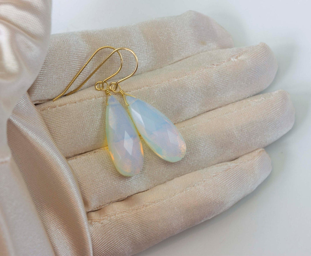 Opalite Earrings Faceted Long Pear Shaped AAA Teardrops 14k Solid Gold or Filled or Sterling Silver AAA cut iridescent colors simple drops