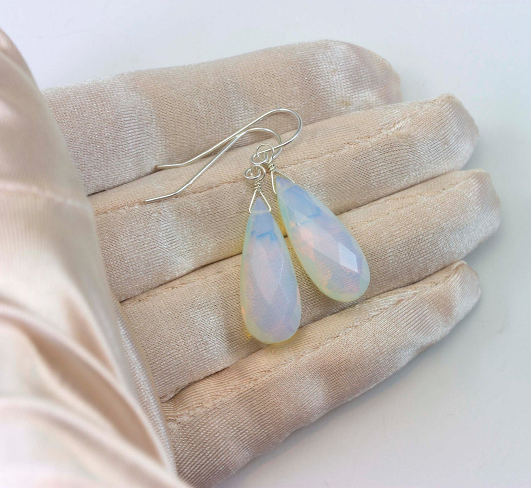 Opalite Earrings Faceted Long Pear Shaped AAA Teardrops 14k Solid Gold or Filled or Sterling Silver AAA cut iridescent colors simple drops