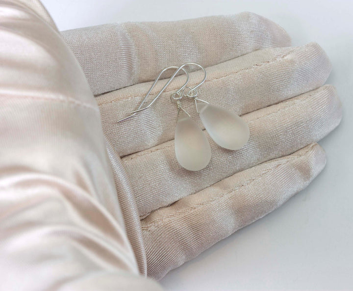 Crystal Clear Quartz Earrings Sterling Silver or 14k Solid Gold  or Filled Teardrop Dangle Natural Smooth Frosted Matte  Look of Sea Glass