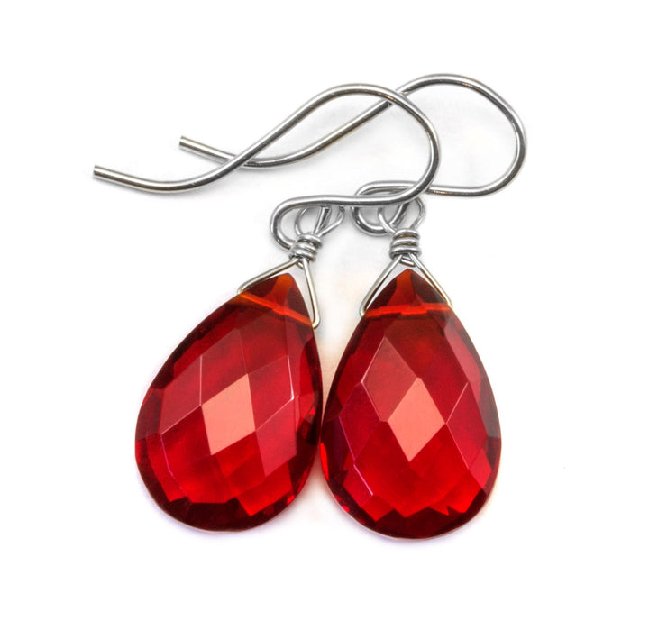 Red Ruby Earrings Pear Shaped Simulated Teardrop Dangle faceted Sterling Silver or 14k Gold Filled Red Quartzite Puffed Shape Simple