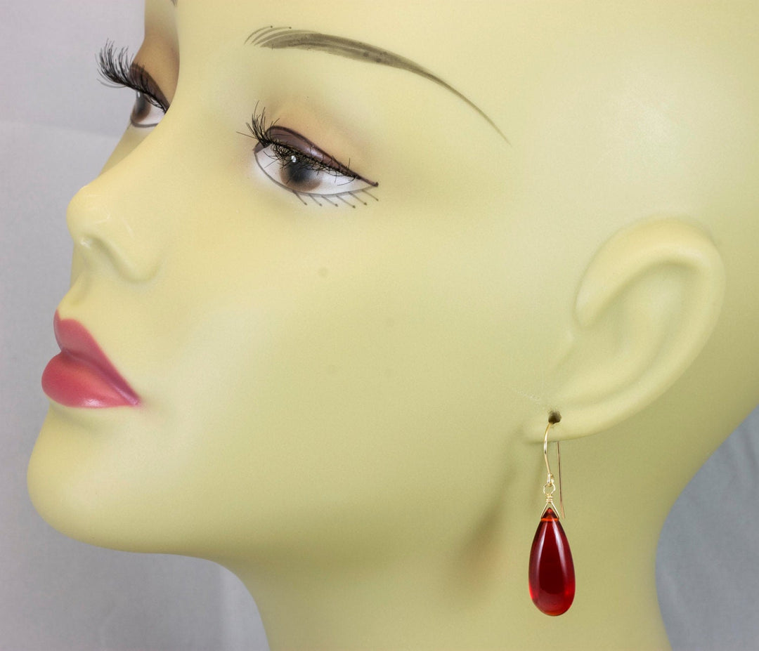 Red Ruby Earrings Pear Shaped Simulated Teardrop Dangle Long Smooth Sterling Silver or 14k Gold Filled Red Quartzite Puffed Shape Simple