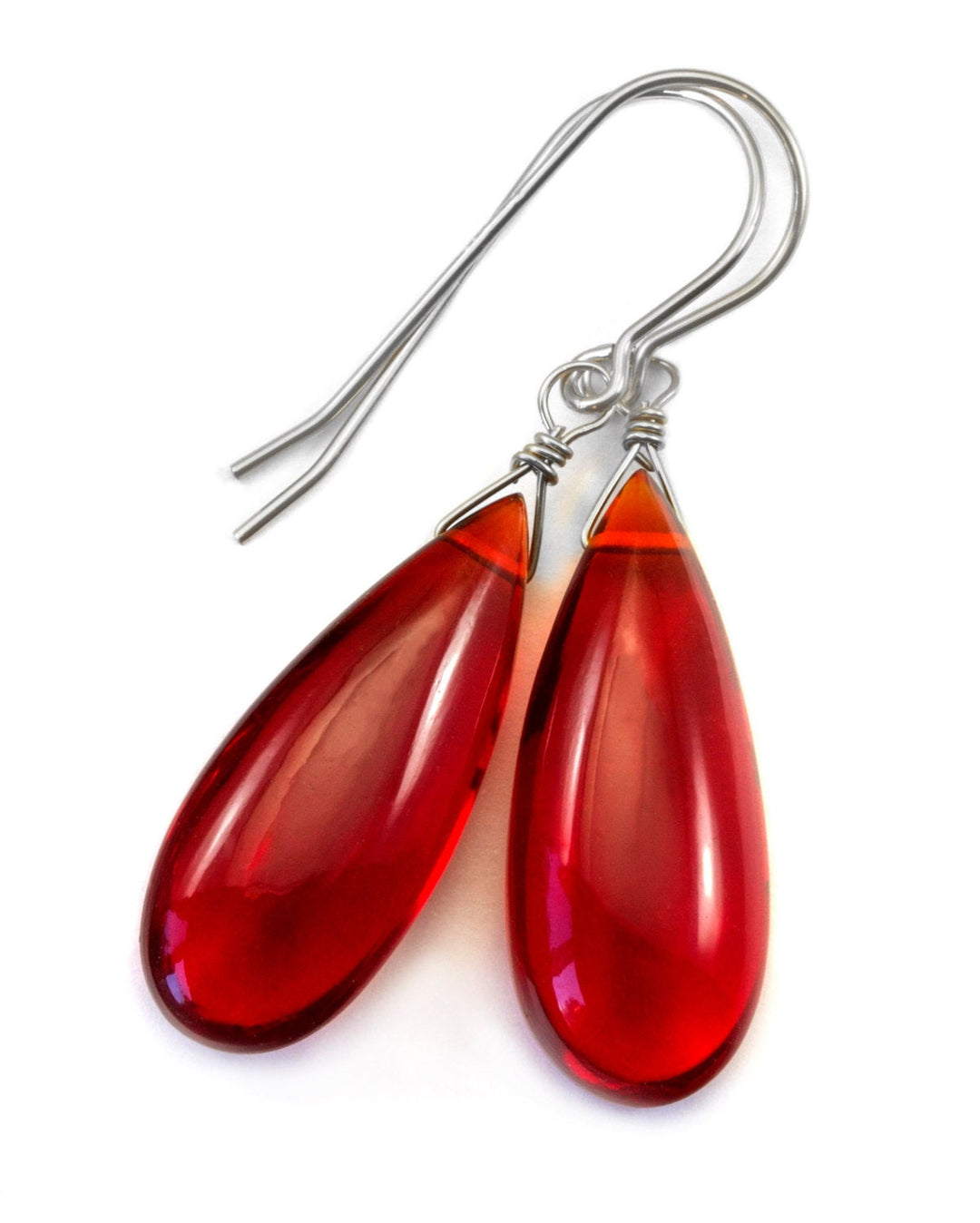 Red Ruby Earrings Pear Shaped Simulated Teardrop Dangle Long Smooth Sterling Silver or 14k Gold Filled Red Quartzite Puffed Shape Simple