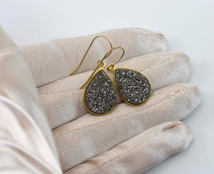 Black Platinum Grey Drusy Earrings Teardrop 14k Solid Gold or Filled or Sterling Silver Bezel Set Simple Drops Druzy Quartz Classic Simple