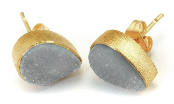 Grey Drusy Earrings Gold Post Studs Earrings Bezel Set Teardrop Shape Brushed Gold Finish Classic Simple Daily Wear Light Gray