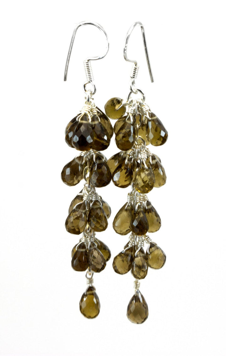 Smoky Olive Quartz Earrings Cluster Style Sterling Silver Micro Faceted Multiple Briolettes Chandelier Natural Smokey Green 2 1/2 Inches