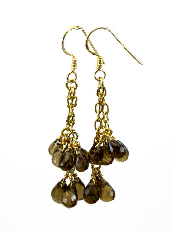 Olive Quartz Earrings Cluster Style 14k Solid Gold or Filled Micro Faceted Multiple Briolette Chandelier Natural Smoky Olive Green 2  Inches