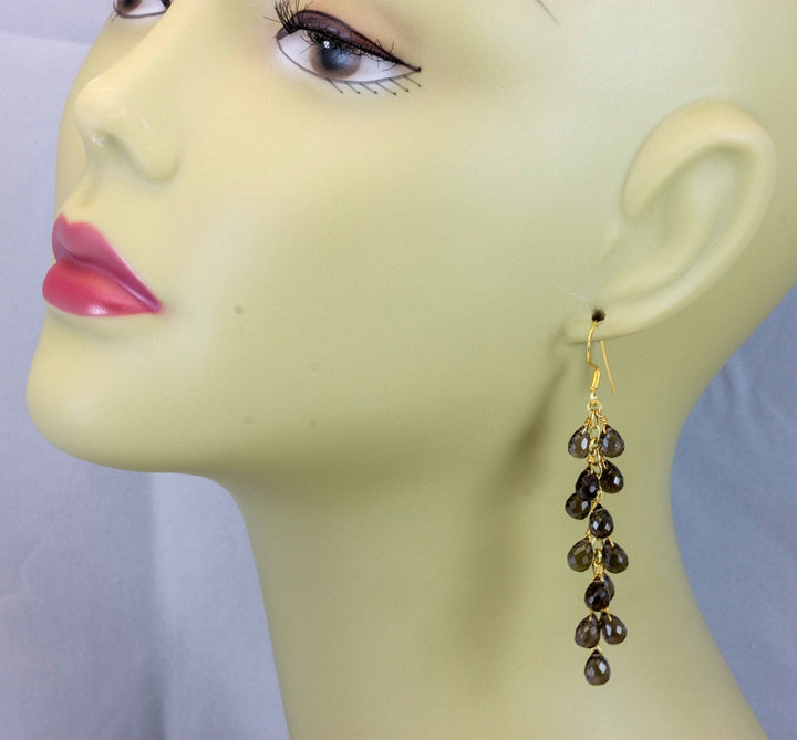 Smoky Quartz Earrings Cluster Style 14k Solid Gold or Filled Micro Faceted Multiple Briolettes Chandelier Natural Smokey  Grey 3 Inches
