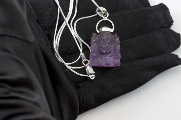 Ganesh Ganesha Elephant Pendant Necklace Lord Good Fortune Sterling Silver 18 Inch Chain Purple Amethyst or Crystal Quartz or Labradorite
