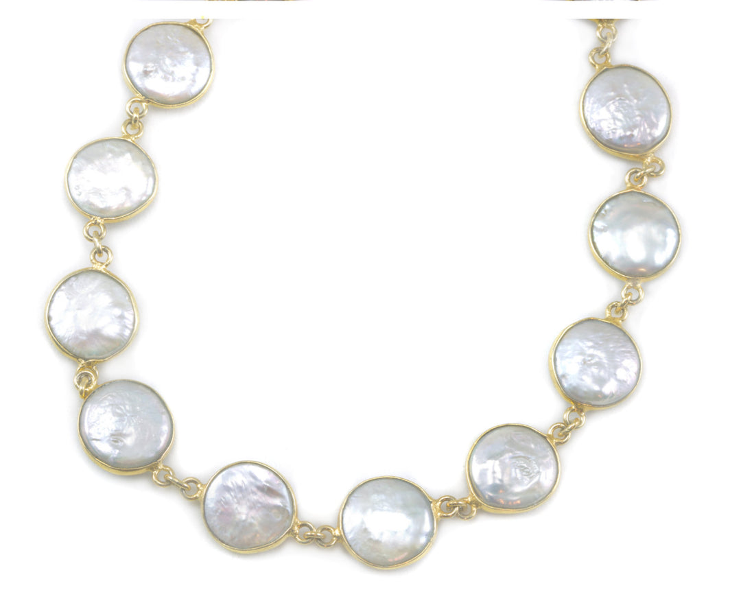 Button Pearl Necklace Bezel Set Pearls 24 Inches 14k Gold Filled and Plate Simple Clasp Chain High Luster Cultured Freshwater Pearls Classic