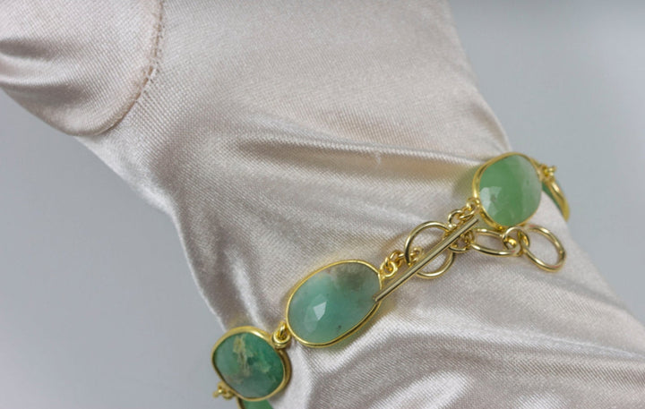 Chrysoprase Bracelet Green Chain Link Beaded 14k Gold Filled Adjustable 7 8 Inches Natural Soft Pale Green Colors simple Faceted Off Round