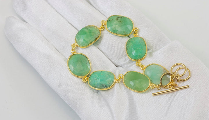 Chrysoprase Bracelet Green Chain Link Beaded 14k Gold Filled Adjustable 7 8 Inches Natural Soft Pale Green Colors simple Faceted Off Round