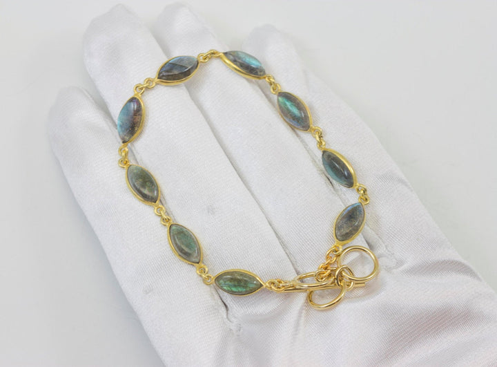 Labradorite Bracelet Smooth Blue Flash Labradorite 7 to 8 Inch Adjustable Bezel Set Marquise Shape Cabochons AAA Quality Toggle Clasp