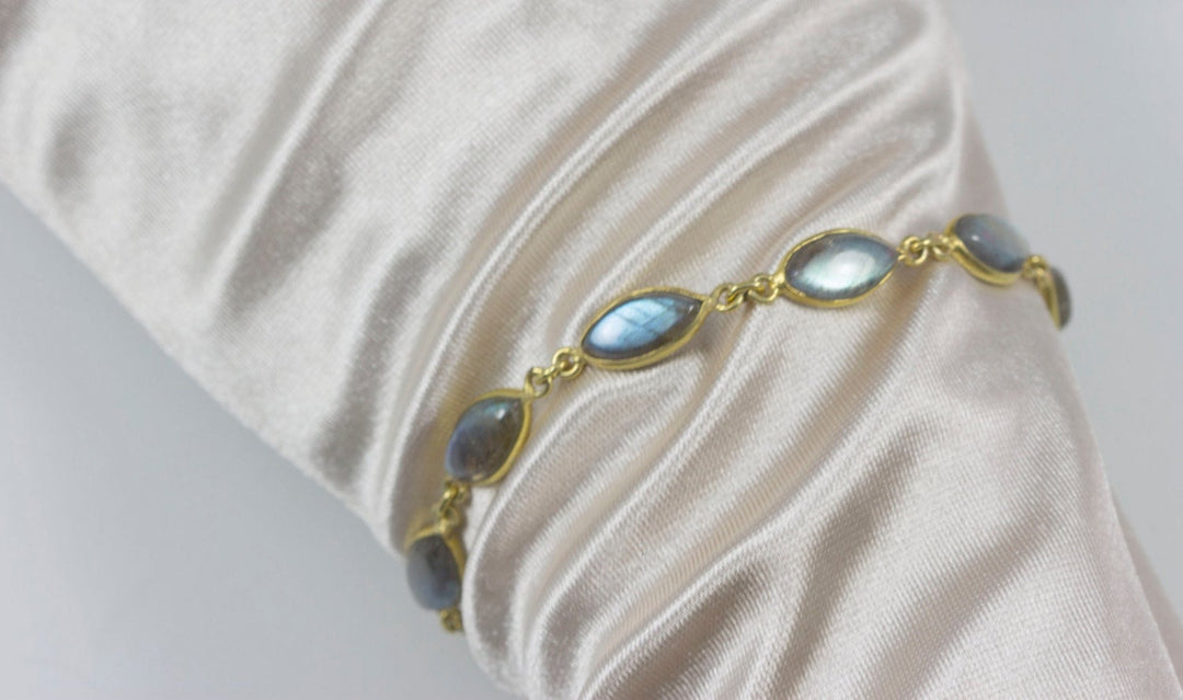 Labradorite Bracelet Smooth Blue Flash Labradorite 7 to 8 Inch Adjustable Bezel Set Marquise Shape Cabochons AAA Quality Toggle Clasp