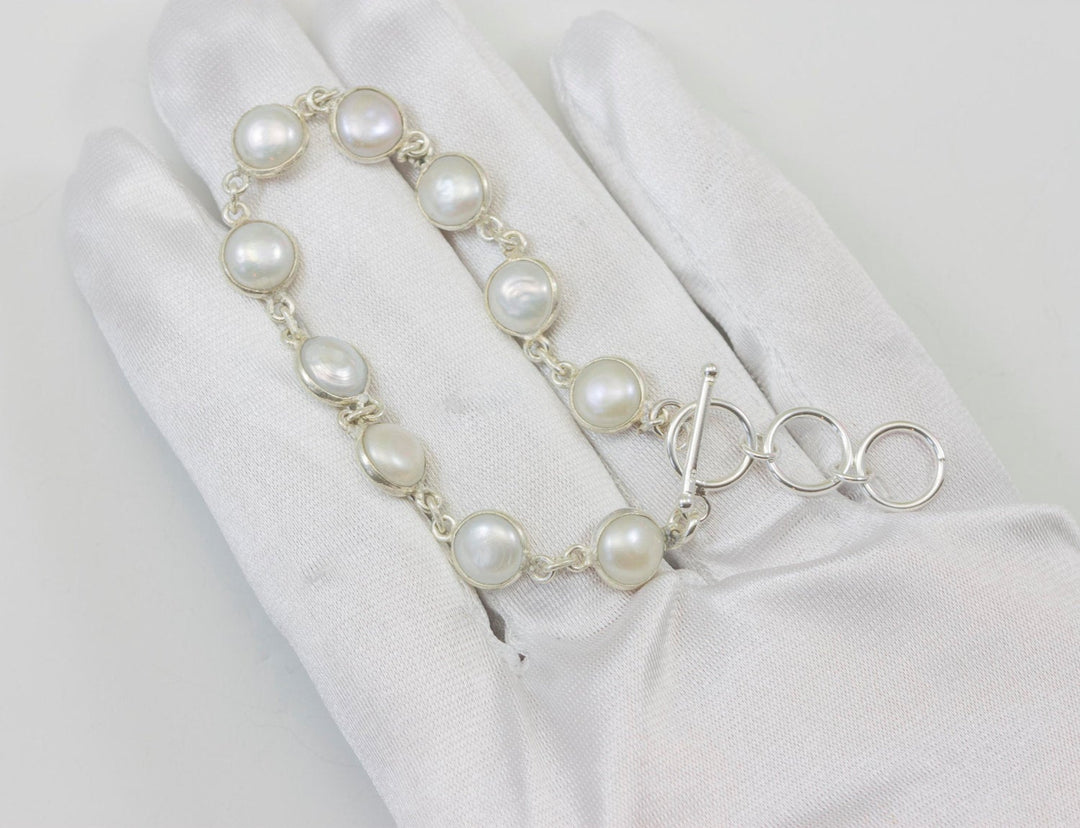 Freshwater Button Pearl Bracelet White Cultured Sterling Silver 14k Gold Plate Adjustable Toggle Clasp 7  8 Inches Inch Simple Button  Bezel