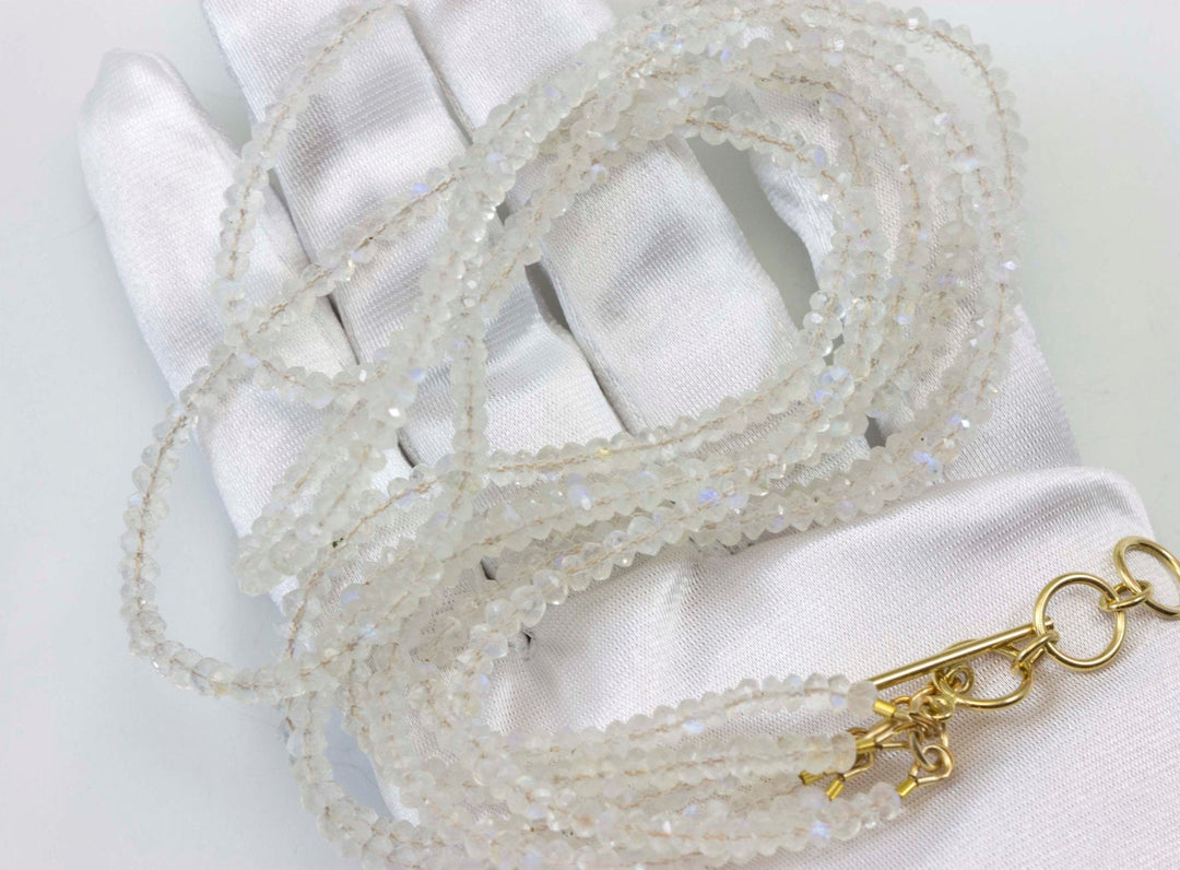 Moonstone Necklace or Wrap Bracelet Faceted 14k Gold Fill 21 22 7 8 Inches Natural Rainbow Blue Three Strands Wear Straight or Twist 4mm