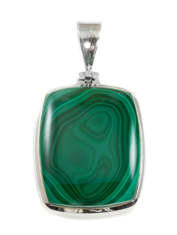 Malachite Pendant Sterling Silver Green Rectangle Necklace Pendant Bezel Set Real Natural  Smooth Striped Cabachon Simple Daily Wear Classic