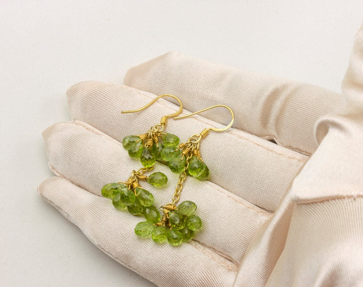 Green Peridot Earrings Faceted Natural Gemstone Teardrop Long Cluster 14k Solid Yellow Gold or Filled Chandelier 2 Inch Briolettes Drops