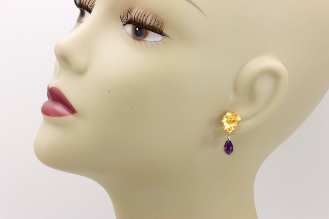 Purple Amethyst Earrings 22k gold vermeil Carved Flower Post Studs Simple Everyday Drops Natural Briolettes Matt Gold Finish Classic Simple