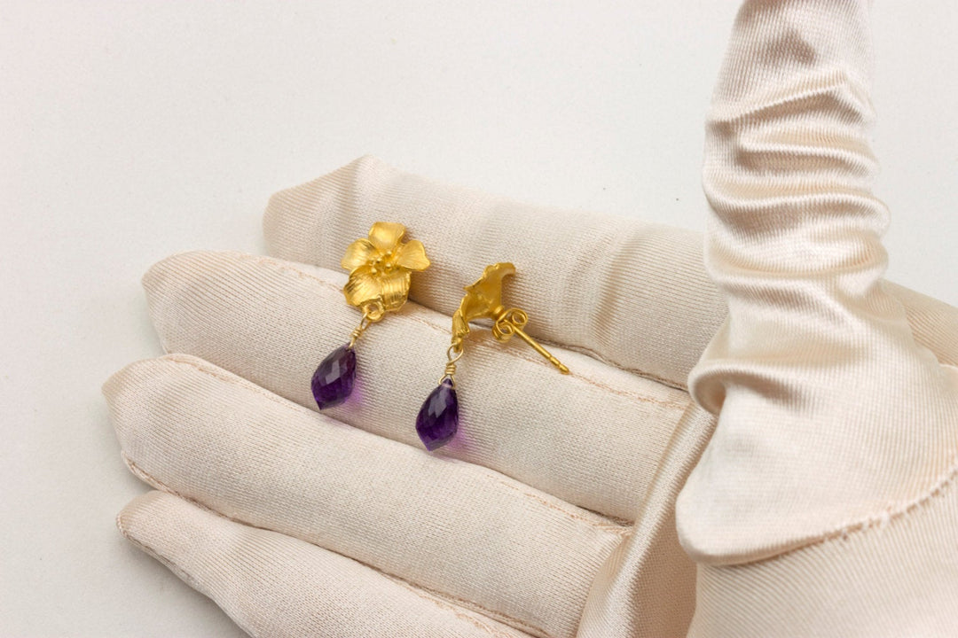 Purple Amethyst Earrings 22k gold vermeil Carved Flower Post Studs Simple Everyday Drops Natural Briolettes Matt Gold Finish Classic Simple