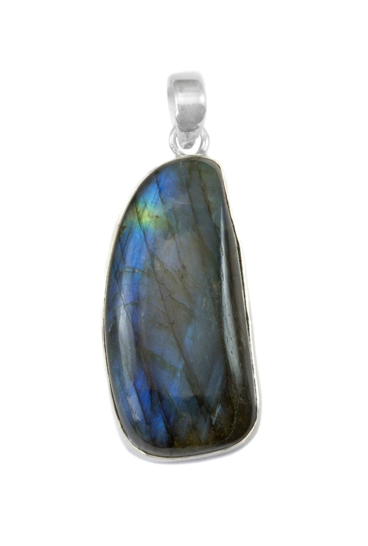 Labradorite Necklace Pendant  Sterling Silver Rectangle Cabachon Large Shape AAA Bezel Set Natural Blue Flash Clean Simple Design