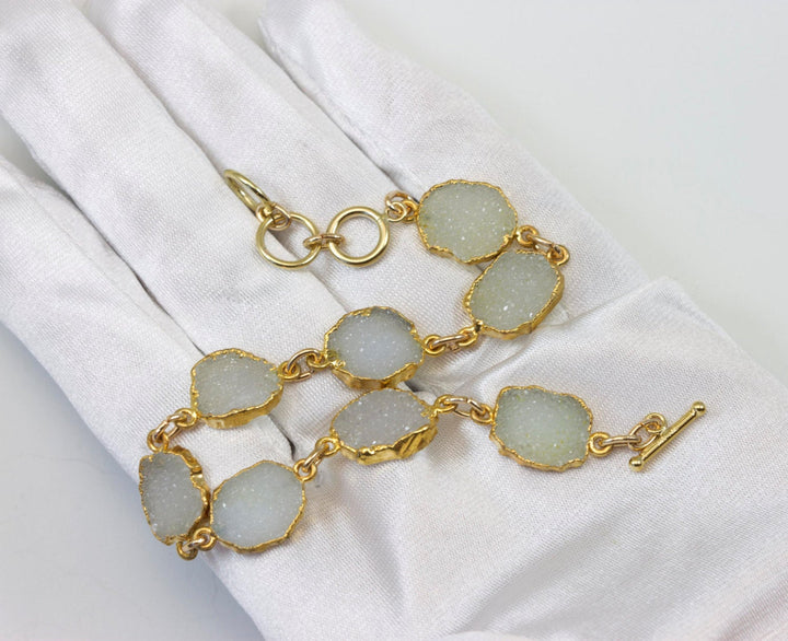 White Drusy Bracelet 14k Gold Filled Off Round Druzy Chain Link Adjustable 7 8 Inches Natural Quartz Unique Daily Wear Spyglass Designs