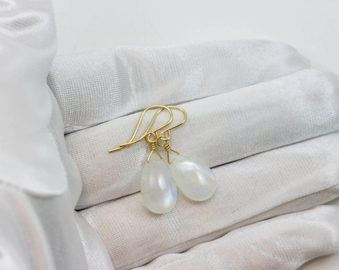 Rainbow Blue Moonstone Earrings Sterling Silver or 14k Solid Gold or Filled Smooth Pear Teardrop Natural Real High Quality Simple Drops