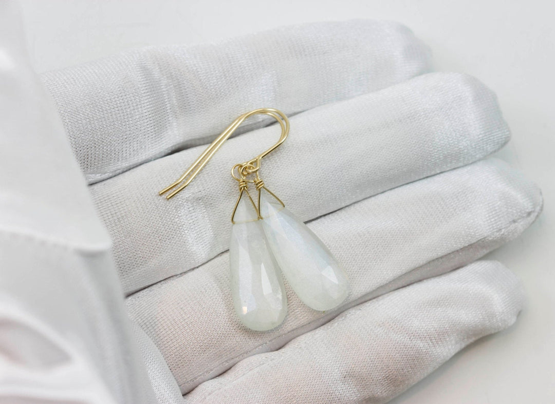 White Moonstone Earrings Sterling Silver or 14k Solid Gold Filled Faceted Teardrop Natural High Quality Simple Dainty Drops Shimmery Drops