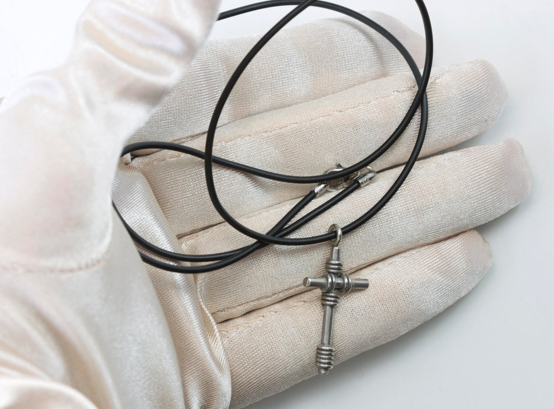 Cross Pendant Necklace Black Chord Necklace 18 Inch Silver Wire Wrapped Cross Sterling Clasp Earthy Simple