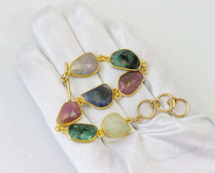 Pink Blue Sapphire Green Emerald Bracelet Adjustable 7 8 Inch Bezel Off Round Faceted toggle clasp simple natural design 14k gold filled