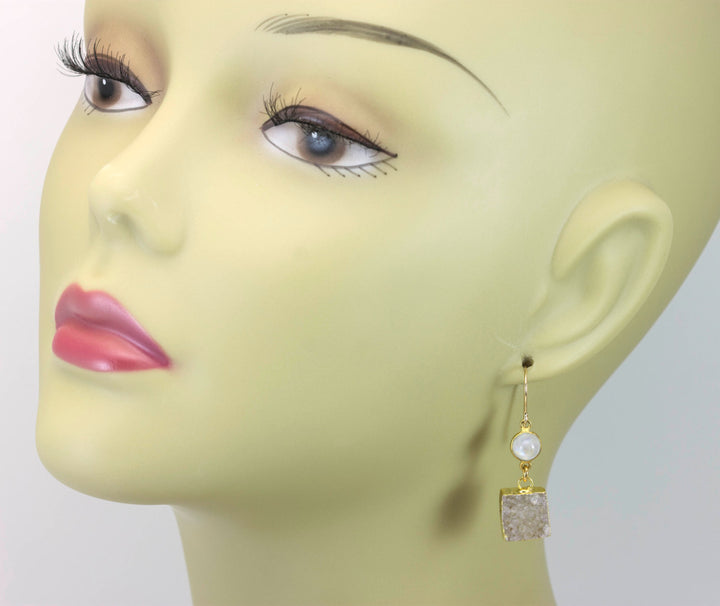 Drusy Soft Grey White 14k Solid Yellow Gold or Filled Earrings Paired Square Cut Rainbow Blue Moonstone  Drusy Druse Natural Drops Bezel Set