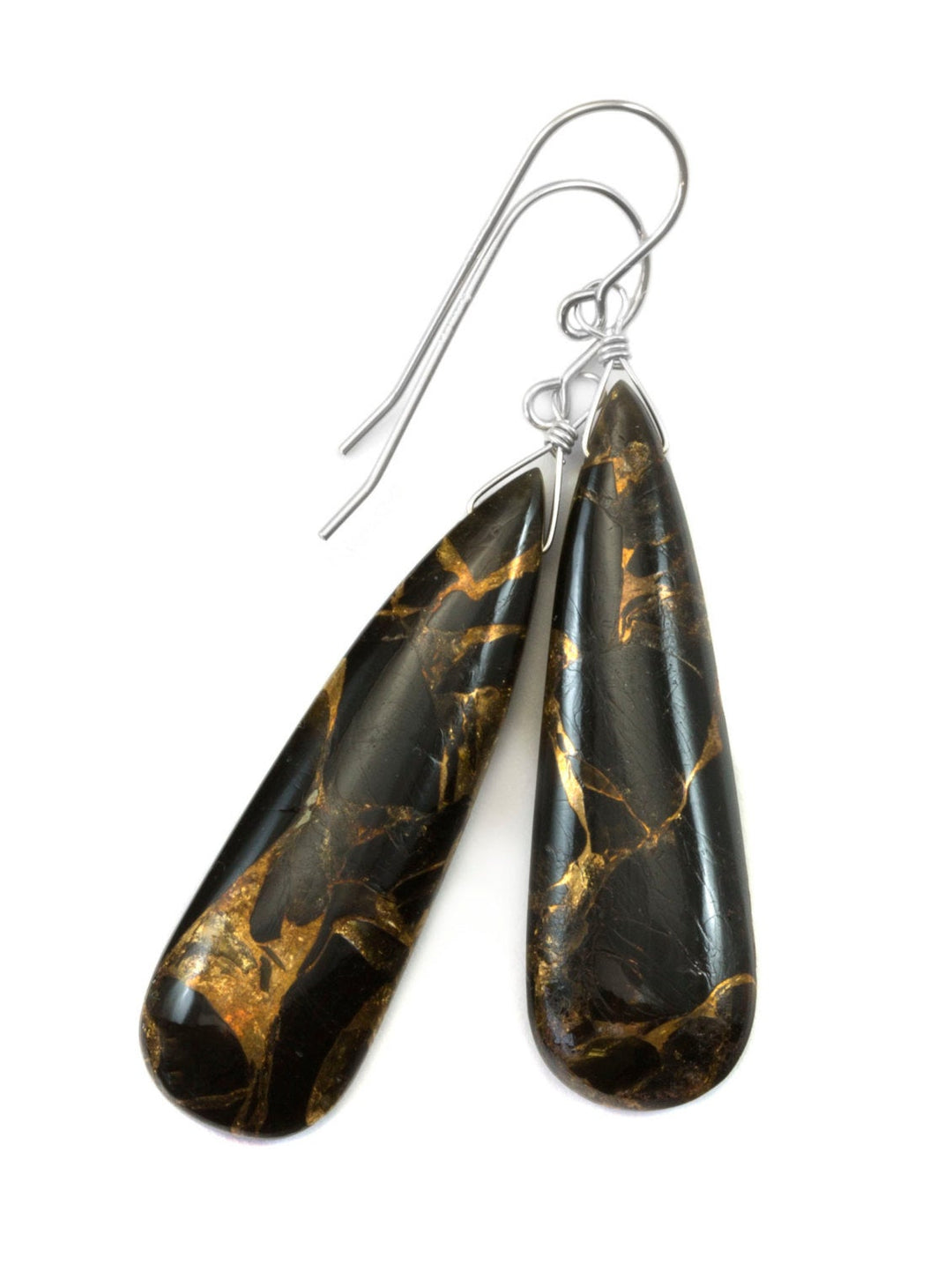 Copper Mosaic Obsidian Earrings Smooth Teardrop Sterling Silver or 14k Solid Gold or Filled Black Pear Long Unique Neutral Drops 2 Inch