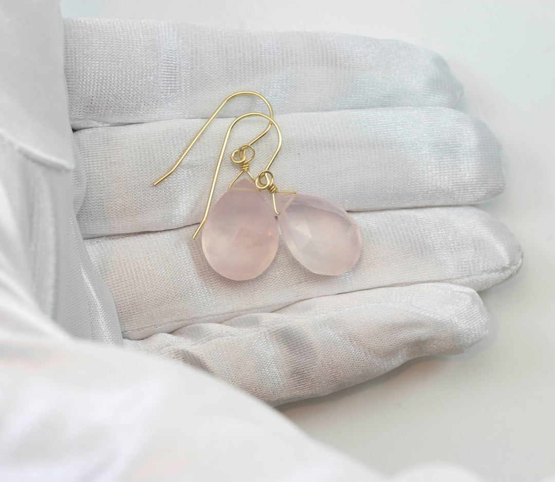 Rose Quartz Earrings Pink Large Teardrop Dangle Sterling Silver or 14k solid Gold or Filled Classic Pear  Faceted Simple Everyday Soft color