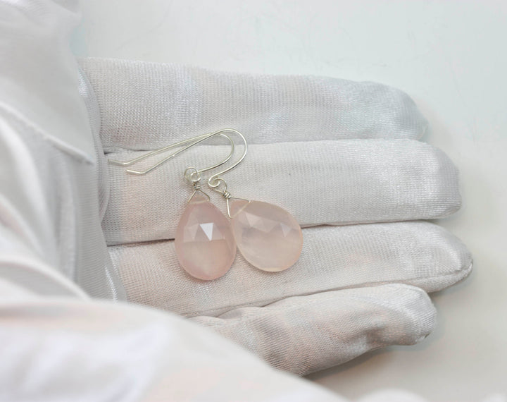 Rose Quartz Earrings Pink Large Teardrop Dangle Sterling Silver or 14k solid Gold or Filled Classic Pear  Faceted Simple Everyday Soft color