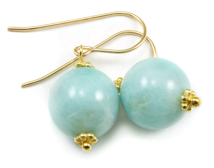 Blue Larimar Earrings Natural Round Polished Smooth Drop Sterling Silver or 14k Solid Gold or Filled Baby Light Blue Beaded Accent Simple