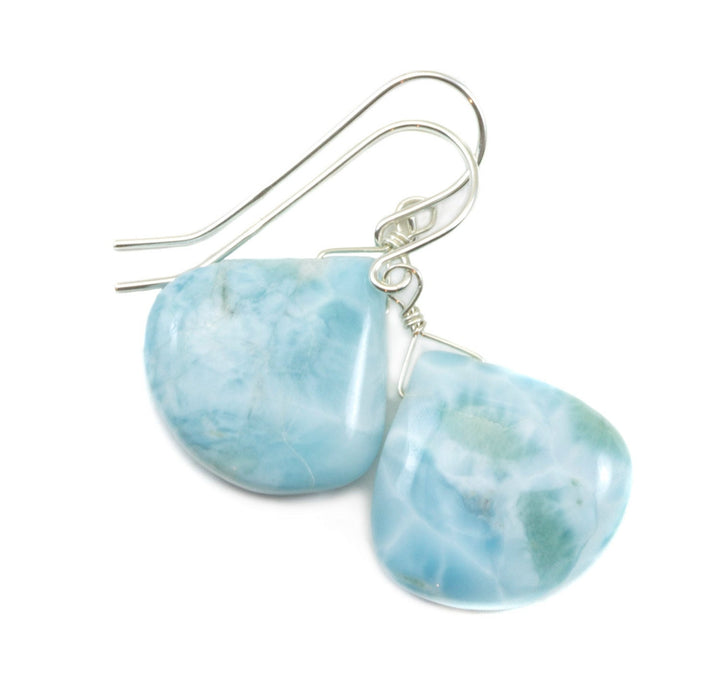 Blue Larimar Earrings Natural Heart Polished Smooth Simple Large Drop Sterling Silver Spyglass Designs Baby Soft Blue  Contemporary Cut