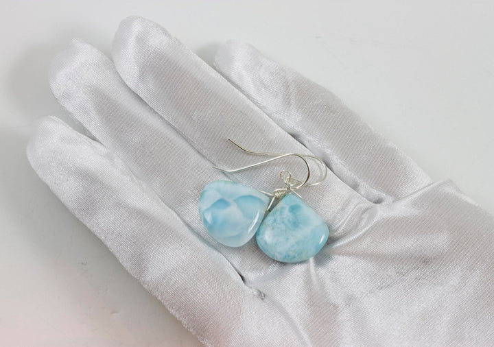Blue Larimar Earrings Natural Heart Polished Smooth Simple Large Drop Sterling Silver Spyglass Designs Baby Soft Blue  Contemporary Cut