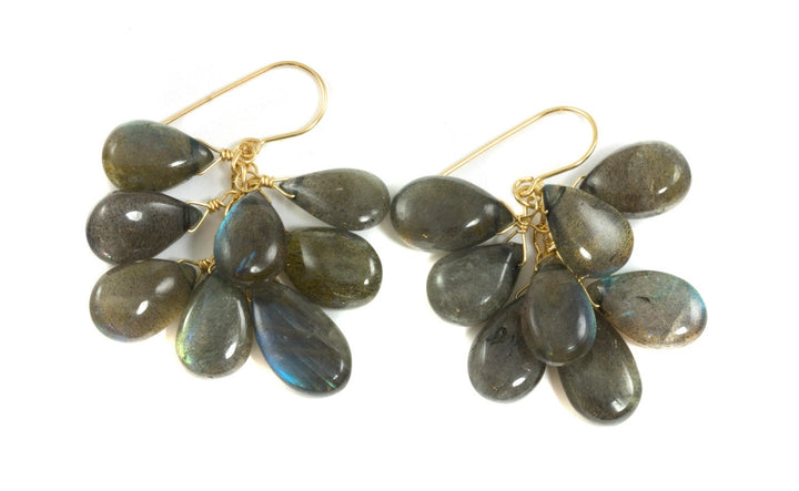 Labradorite  Earrings 14k Solid Gold or Filled Cluster Style Smooth Teardrop Large Earrings AAA Blue Green Golden Flash Pear 2 Inch Natural