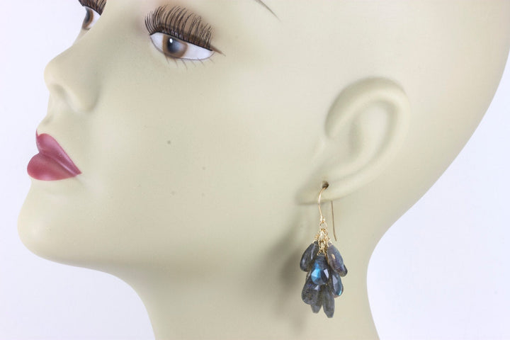 Labradorite  Earrings 14k Solid Gold or Filled Cluster Style Smooth Teardrop Large Earrings AAA Blue Green Golden Flash Pear 2 Inch Natural