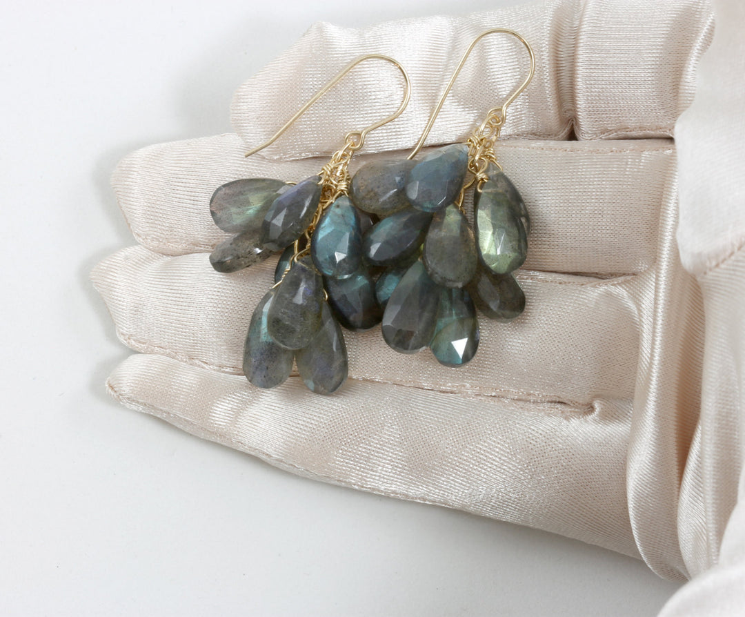 Labradorite  Earrings 14k Solid Gold or Filled Cluster Style Faceted Teardrop Large Earrings AAA Blue Green Golden Flash Pear Natural 2 Ihch