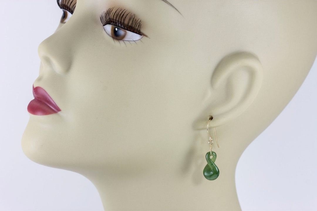 Natural Nephrite Green Jade Earrings Carved Double Infinity Teardrop 14k solid yellow gold or filled or Sterling Silver unique simple drops