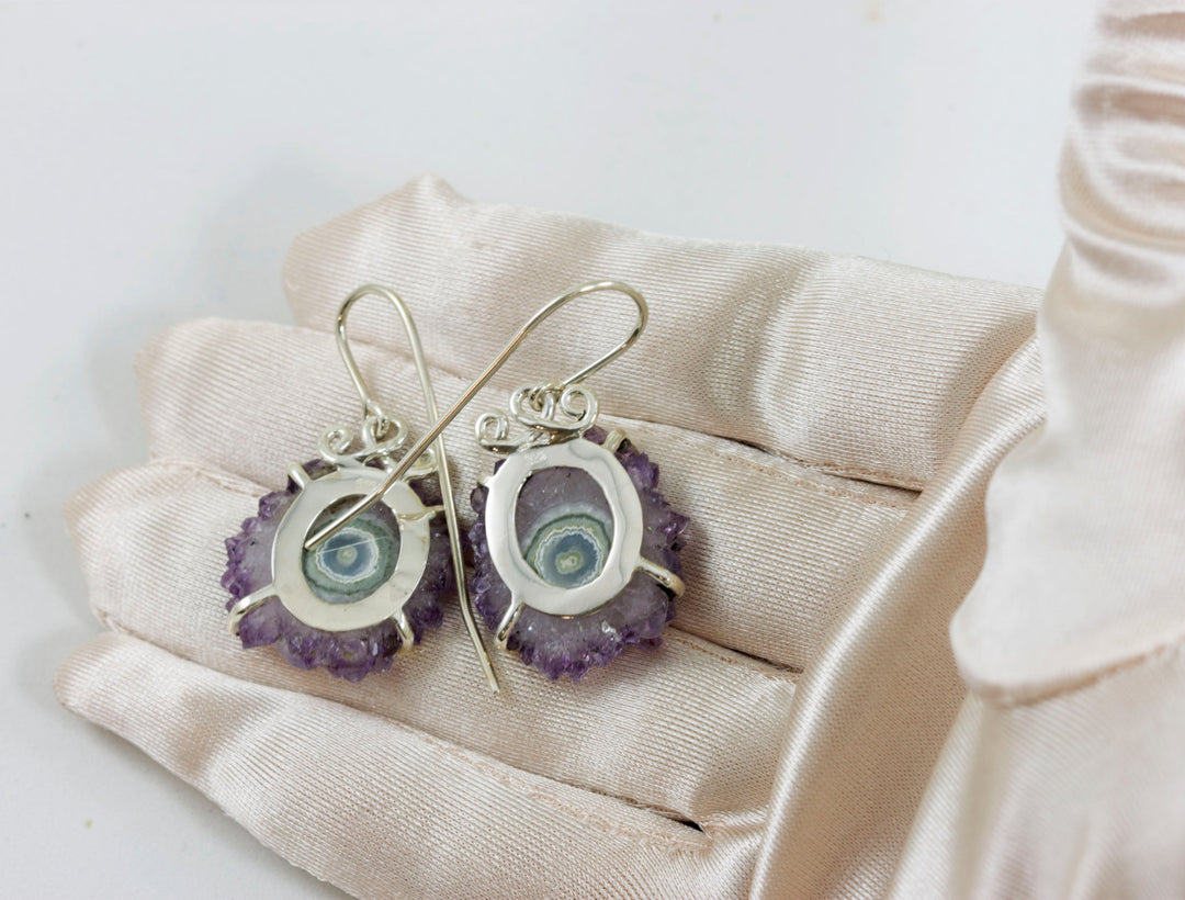 Drusy Earrings Amethyst Stalactite Slice Hand Wired Simple Purple Lavender Green Center Druzy Sterling Silver Earthy Natural