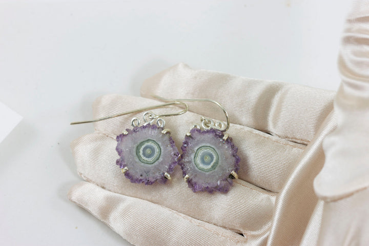 Drusy Earrings Amethyst Stalactite Slice Hand Wired Simple Purple Lavender Green Center Druzy Sterling Silver Earthy Natural