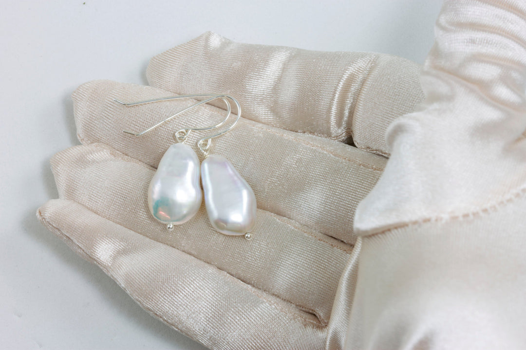 Baroque Pearl Earrings Sterling Silver or 14k solid Gold or Filled French Ear Wires White High Luster Simple Pearls Genuine Freshwater Funky