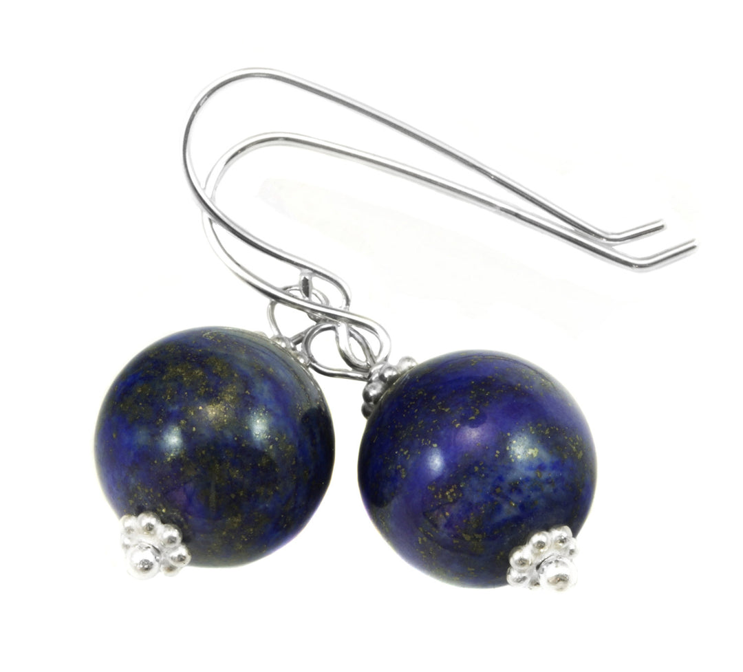 Blue Lapis Lazuli Earrings Natural Round Dangles Sterling Silver or 14k Solid Gold or Filled Beaded Accents Simple Basic Drops Pyrite Flecks
