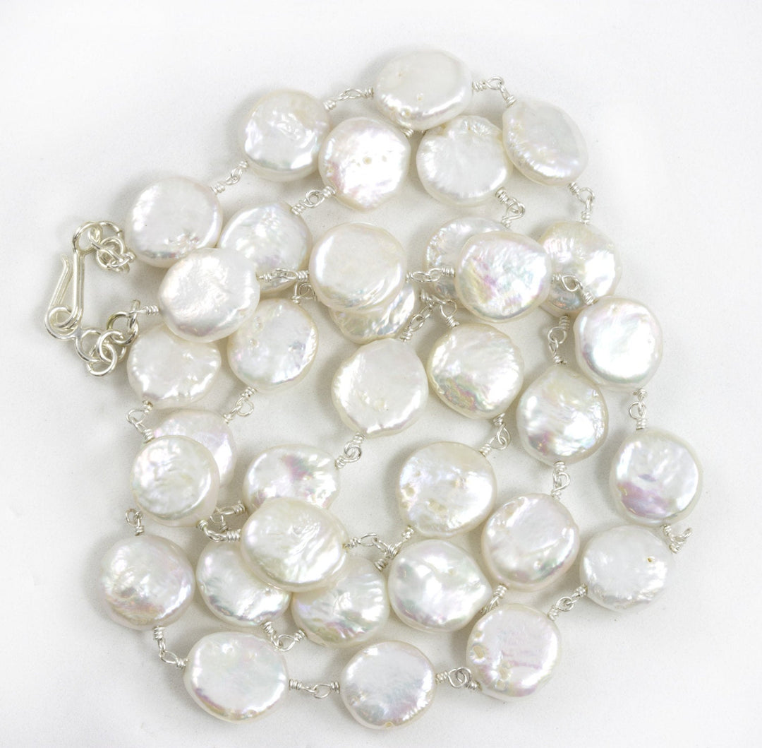 White Button Pearl  Necklace Natural Freshwater Sterling Silver Beaded Chain  24 Inches Freshwater Pearls Round High Luster Iridescence