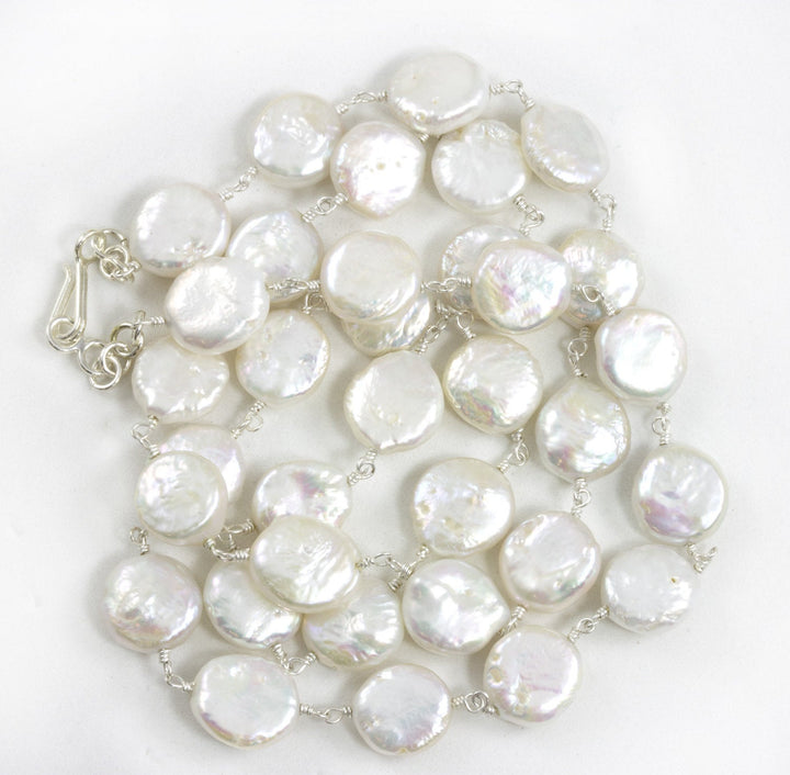 White Button Pearl  Necklace Natural Freshwater Sterling Silver Beaded Chain  24 Inches Freshwater Pearls Round High Luster Iridescence