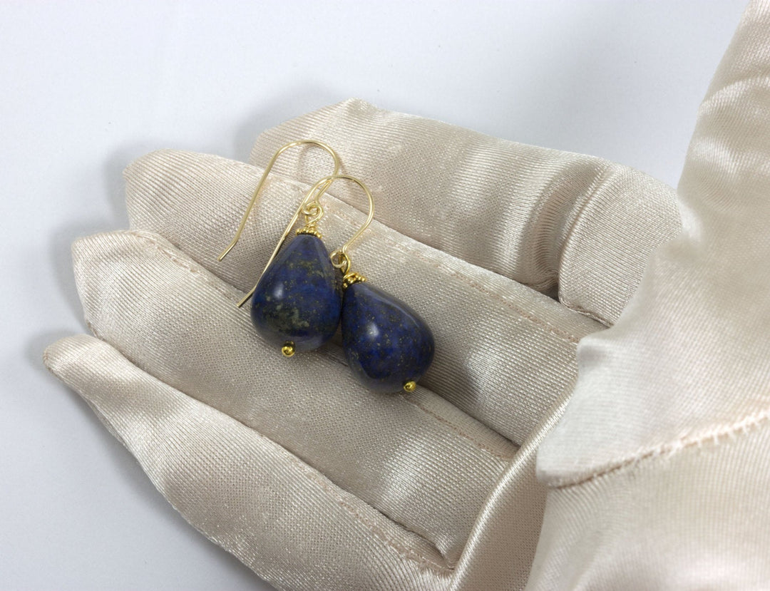 Blue Lapis Lazuli Earrings Natural Smooth Fat Teardrop Drops Sterling Silver or 14k Solid Gold or Filled Dainty Everyday Wear Pyrite Flecks
