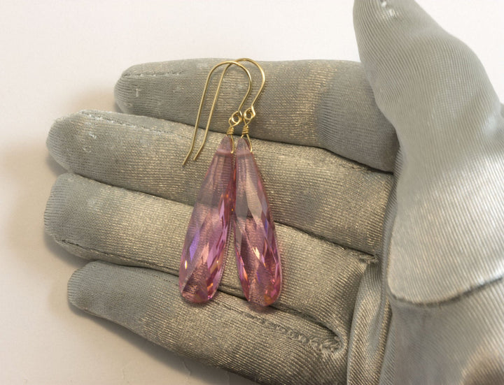 Sapphire Pink Earrings Cubic Zirconia Long Large Teardrops AAA CZ 14k solid Gold or Filled or Sterling Silver Bright Pink Simple 2 Inch Drop
