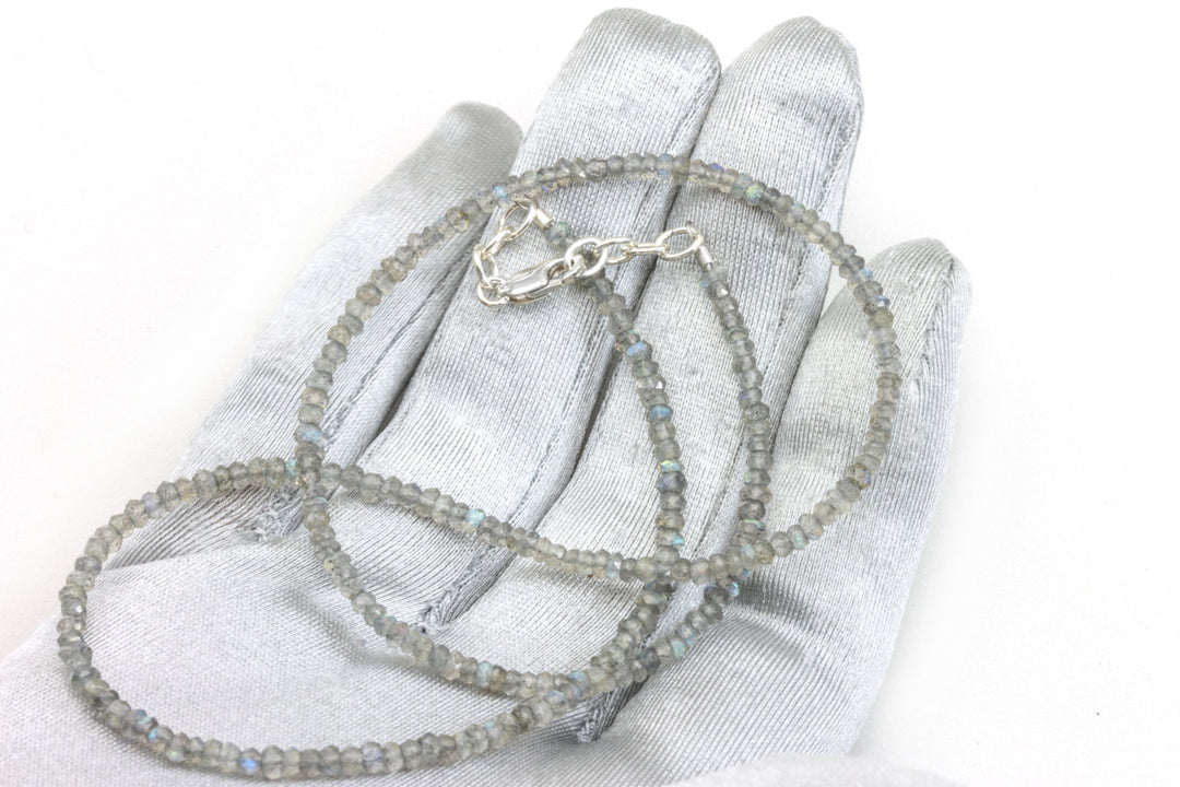 Labradorite Necklace Solid Strand Micro Faceted 18 19 Inch 14k gold filled or Sterling Silver AAA Blue Flash Cut Contemporary Design